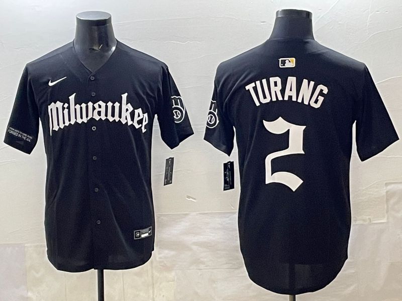 Men 2025 Milwaukee Brewers #2 Turang Black Five generations Joint Name Nike MLB Jersey style 3